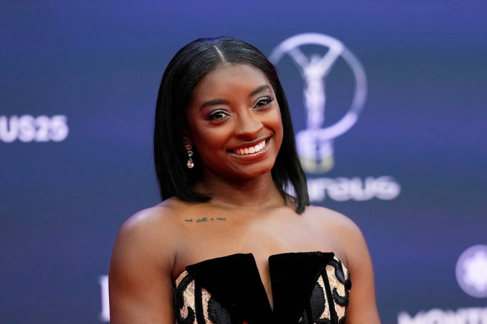 FILE - Simone Biles, of the United States, poses during the 2025 Laureus World Sports Awards...