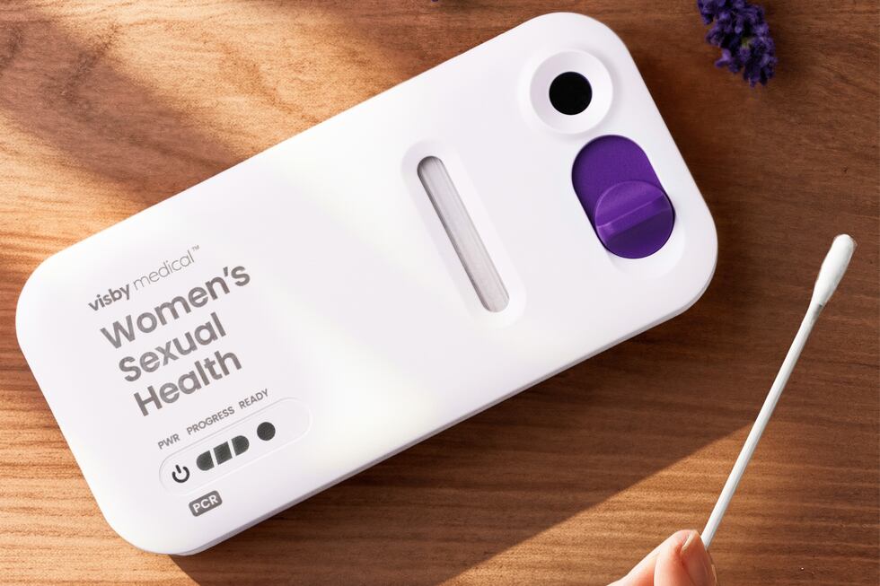 This photo provided by Visby Medical in January 2026 shows its three-in-one gonorrhea,...