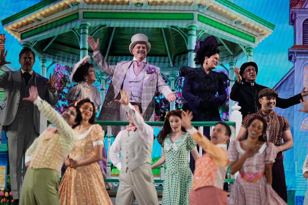 Ann Harada, from second left, Brad Oscar, Ana Gasteyer, Maulik Pancholy and the cast of...